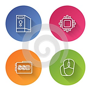 Set line Case of computer, Processor with CPU, SSD card and Computer mouse. Color circle button. Vector