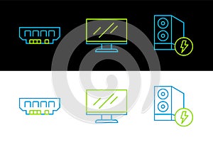 Set line Case of computer, RAM, random access memory and Computer monitor screen icon. Vector