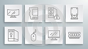 Set line Case of computer, SD card, Computer mouse, monitor screen, RAM, random access memory, Optical disc drive and