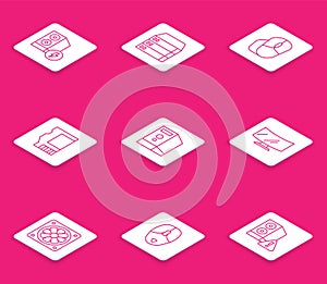 Set line Case of computer, Server, Data, Web Hosting, Computer mouse, SD card, monitor screen, cooler and icon. Vector