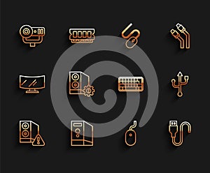 Set line Case of computer, Web camera, Computer mouse, USB cable cord, and Keyboard icon. Vector
