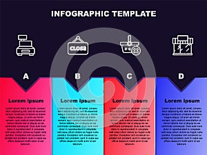 Set line Cash register machine, Hanging sign with Closed, Remove shopping basket and Shopping building or market store
