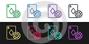 Set line Casino chip and playing cards icon isolated on black and white background. Casino poker. Vector