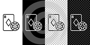 Set line Casino chip and playing cards icon isolated on black and white, transparent background. Casino poker. Vector