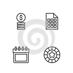 Set line Casino chips, Calendar, with dollar and Lottery ticket icon. Vector