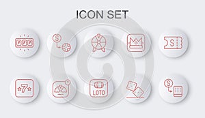 Set line Casino chips exchange, slot machine, Lucky wheel, Game dice, Slot with jackpot, and Lottery ticket icon. Vector