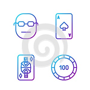 Set line Casino chips, King playing card with diamonds, Poker player and Playing card with spades. Gradient color icons