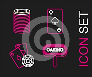 Set line Casino signboard, chip and playing cards, Playing with spades symbol and chips icon. Vector