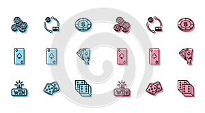 Set line Casino win, Game dice, chips, Playing card with clubs symbol, Hand holding playing cards, spades and exchange