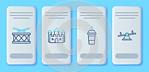 Set line Castle, Paper glass with drinking straw and water, Drum drum sticks and Seesaw icon. Vector
