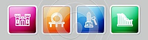 Set line Castle, Roller coaster, Striker attraction with hammer and . Colorful square button. Vector