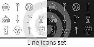 Set line Castle tower, Medieval goblet, Round wooden shield, sword, King crown, iron helmet, flag and axe icon. Vector
