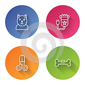 Set line Cat, Hair clipper pet, Scissors hairdresser and Dog bone. Color circle button. Vector