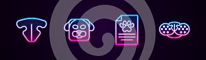 Set line Cat nose, Dog, Clinical record pet and . Glowing neon icon. Vector