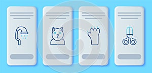 Set line Cat, Paw print, Pet shower and Scissors hairdresser icon. Vector