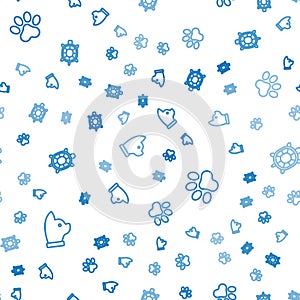 Set line Cat, Paw print and Turtle on seamless pattern. Vector
