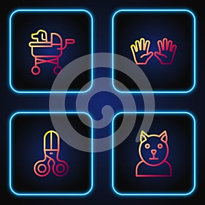 Set line Cat, Scissors hairdresser, Pet stroller and Medical rubber gloves. Gradient color icons. Vector