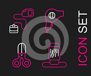 Set line Cat scratching post, Scissors hairdresser, Hair dryer and Retractable cord leash icon. Vector