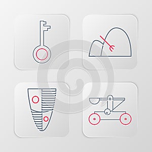 Set line Catapult shooting stones, Shield, Bale of hay and rake and Old key icon. Vector