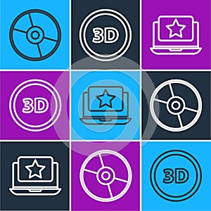 Set line CD or DVD disk, Laptop with star and 3D word icon. Vector
