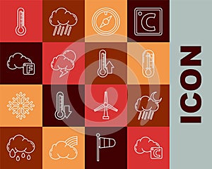 Set line Celsius and cloud, Cloud with rain moon, Thermometer, Wind rose, Storm, Fahrenheit, and icon. Vector