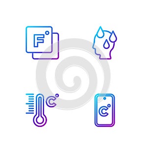 Set line Celsius, Meteorology thermometer, Fahrenheit and High human body temperature. Gradient color icons. Vector