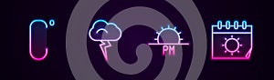 Set line Celsius, Storm, Sunset and Calendar and sun. Glowing neon icon. Vector