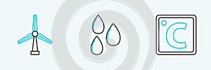 Set line Celsius, Wind turbine and Water drop icon. Vector