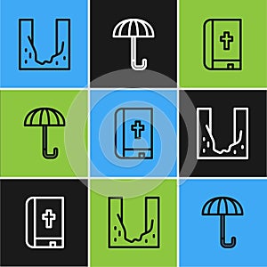 Set line Cemetery digged grave hole, Holy bible book and Umbrella icon. Vector