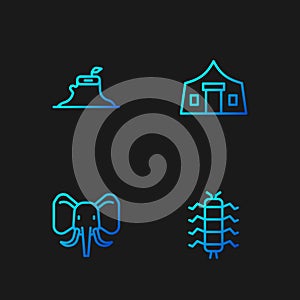 Set line Centipede insect, Elephant, Tree stump and Tourist tent. Gradient color icons. Vector