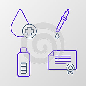 Set line Certificate template, Digital thermometer, Pipette and Donate drop blood icon. Vector