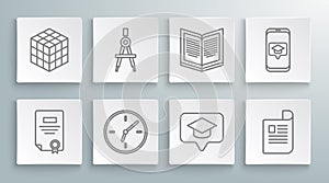 Set line Certificate template, Drawing compass, Clock, Graduation cap speech bubble, Document, Open book, screen