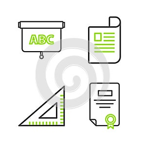 Set line Certificate template, Triangular ruler, Document and Chalkboard icon. Vector
