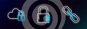 Set line Chain link, Cloud computing lock and Safe combination icon. Glowing neon. Vector