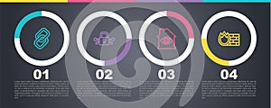 Set line Chain link, Cyber security, House with eye scan and Firewall, wall. Business infographic template. Vector