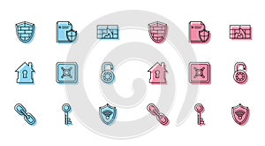 Set line Chain link, Key, Shield with cyber security brick wall, WiFi wireless internet network, Safe, combination lock