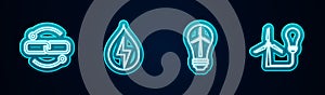 Set line Chain link line, Water energy, Light bulb with wind turbine and . Glowing neon icon. Vector