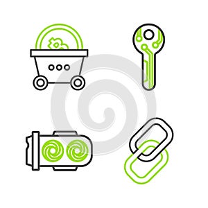 Set line Chain link, Mining farm, Cryptocurrency key and Shopping basket with bitcoin icon. Vector