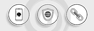 Set line Chain link, Smartphone with fingerprint scanner and Shield world globe icon. Vector