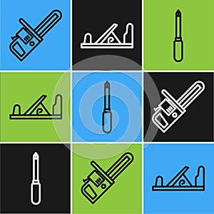 Set line Chainsaw, Screwdriver and Wood plane tool icon. Vector