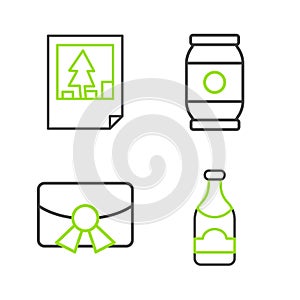 Set line Champagne bottle, Christmas postcard, Beer can and icon. Vector