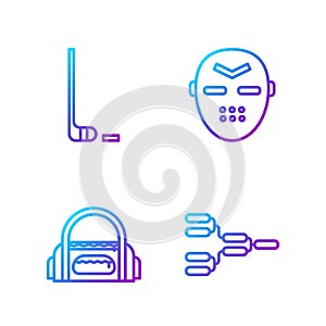 Set line Championship tournament bracket, Sport bag, Ice hockey stick and puck and Hockey mask. Gradient color icons