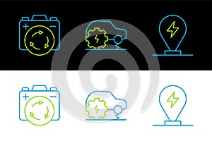 Set line Charging parking electric car, Battery with recycle symbol and Electric service icon. Vector