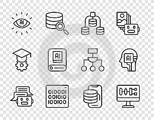 Set line Chat bot, Algorithm, Server, Data, Binary code, Artificial intelligence AI, Cloud technology data transfer and