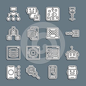 Set line Chat bot, Artificial intelligence robot, Binary code, Neural network, Cloud technology data transfer, Server