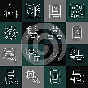 Set line Chat bot, Artificial intelligence robot, Mobile phone, AI, Neural network, and Server, Data icon. Vector
