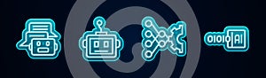 Set line Chat bot, Artificial intelligence robot, Neural network and Binary code. Glowing neon icon. Vector