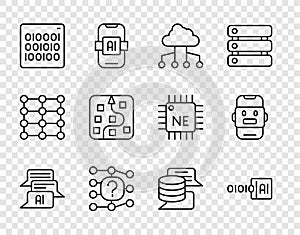 Set line Chat bot, Binary code, Network cloud connection, Neural network, Server, Data and icon. Vector