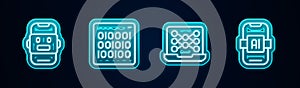 Set line Chat bot, Binary code, Neural network and Artificial intelligence AI. Glowing neon icon. Vector
