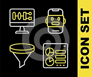 Set line Chat bot, Computer api interface, Funnel or filter and Algorithm icon. Vector